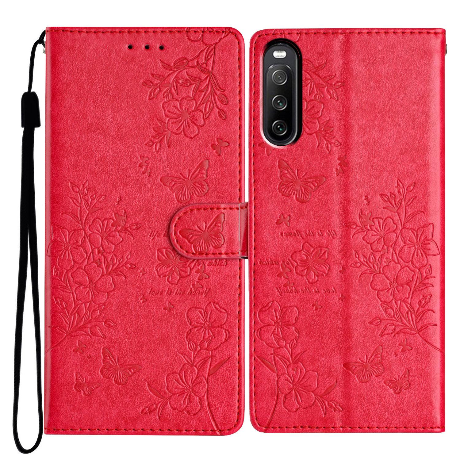 

For Sony Xperia 10 V Wallet Case Butterfly Floral Imprint Leather Stand Phone Cover Red