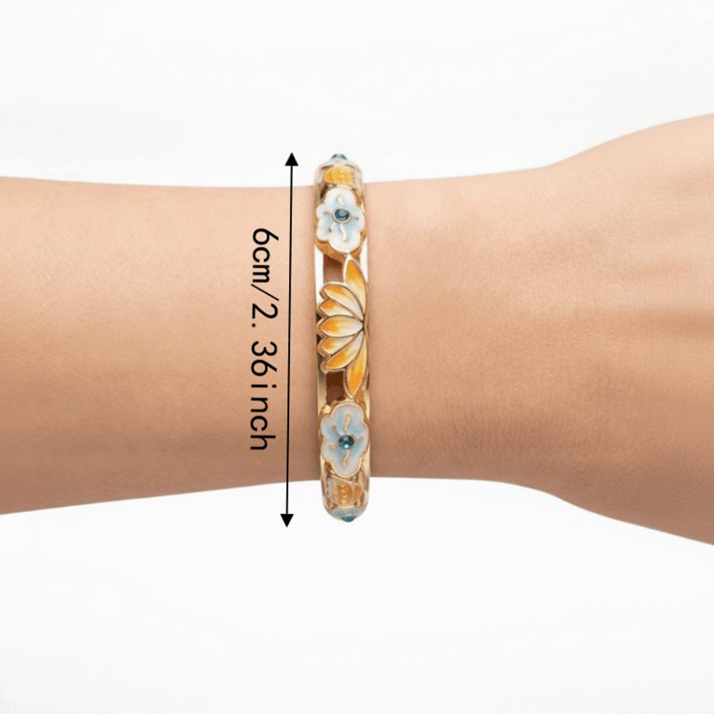 Gold Plated Enamel Floral Bangle Elegant Lotus Floral Open Cuff Bracelet Cloisonne Bangle Ladies