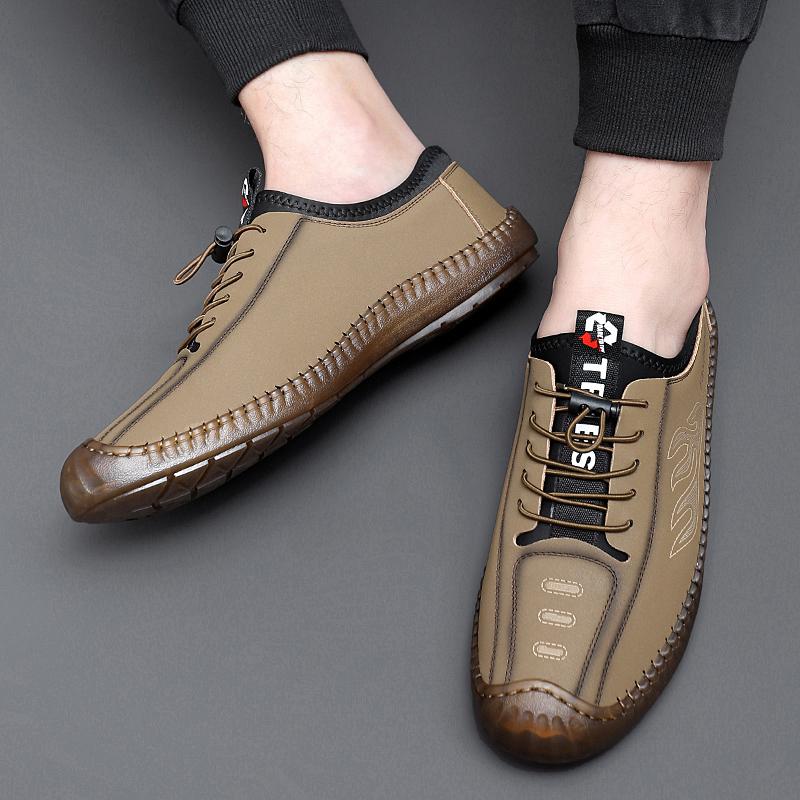 Fashion Outdoor Loafers Men's Slip-on Elastic Leather Shoes High-quality Thick-soled Casual Shoes British Style Driving Shoes Men Shoes