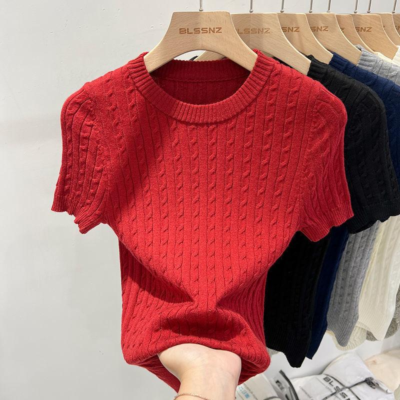 Womens Cable Knit Short Sleeve Sweater Crew Neck Slim Fit Knitted Top