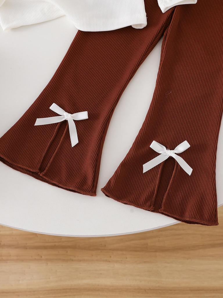 Chic White Ruffled Top & Brown Flared Pants Set for Baby Girls - Adorable Instagram-Worthy Outfit