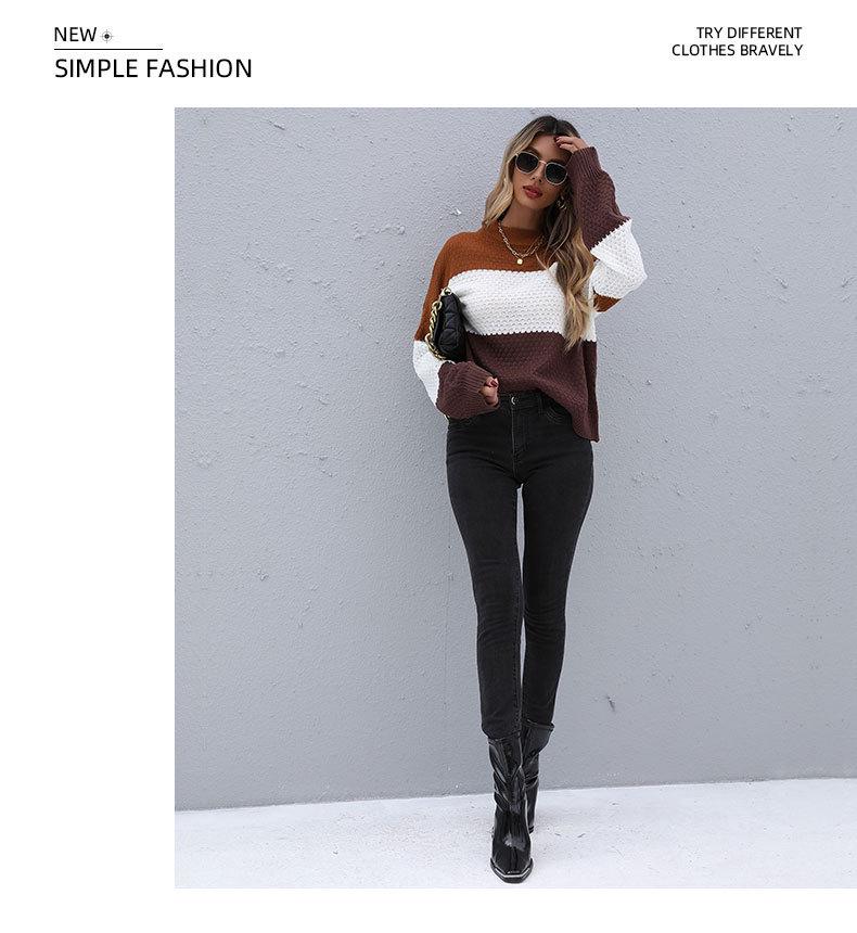 Yiyi Autumn/Winter Color-Block Loose Knit Round Neck Pullover Sweater