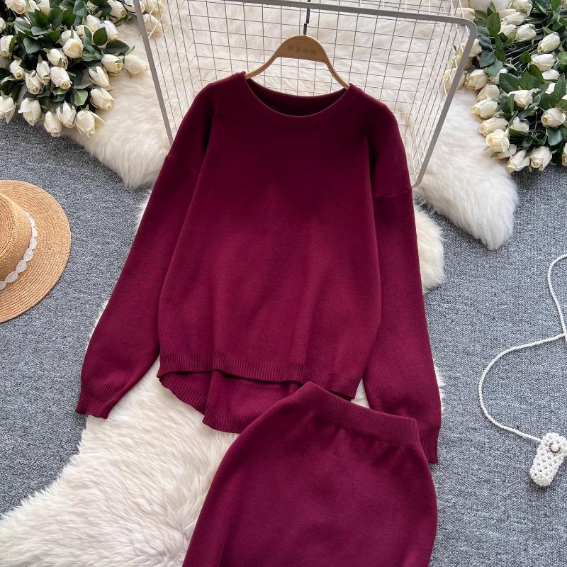 Tvådelat set Damkläder Mild Stil Lättslappig Lös passform Pullover O-hals Långärmad Stickad Tröja Midi Bodycon Kjolar