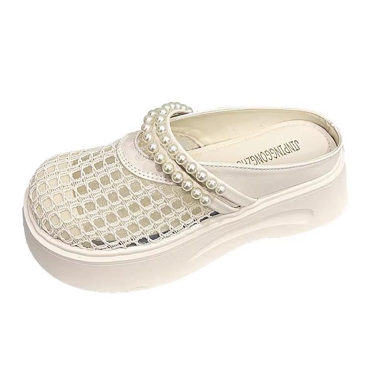 2025 New Thick-soled Heightening Pearl Super Fire One-pedal Bag Head Half Slippers Women's Summer Outer Wear Hollow Cool Slippers