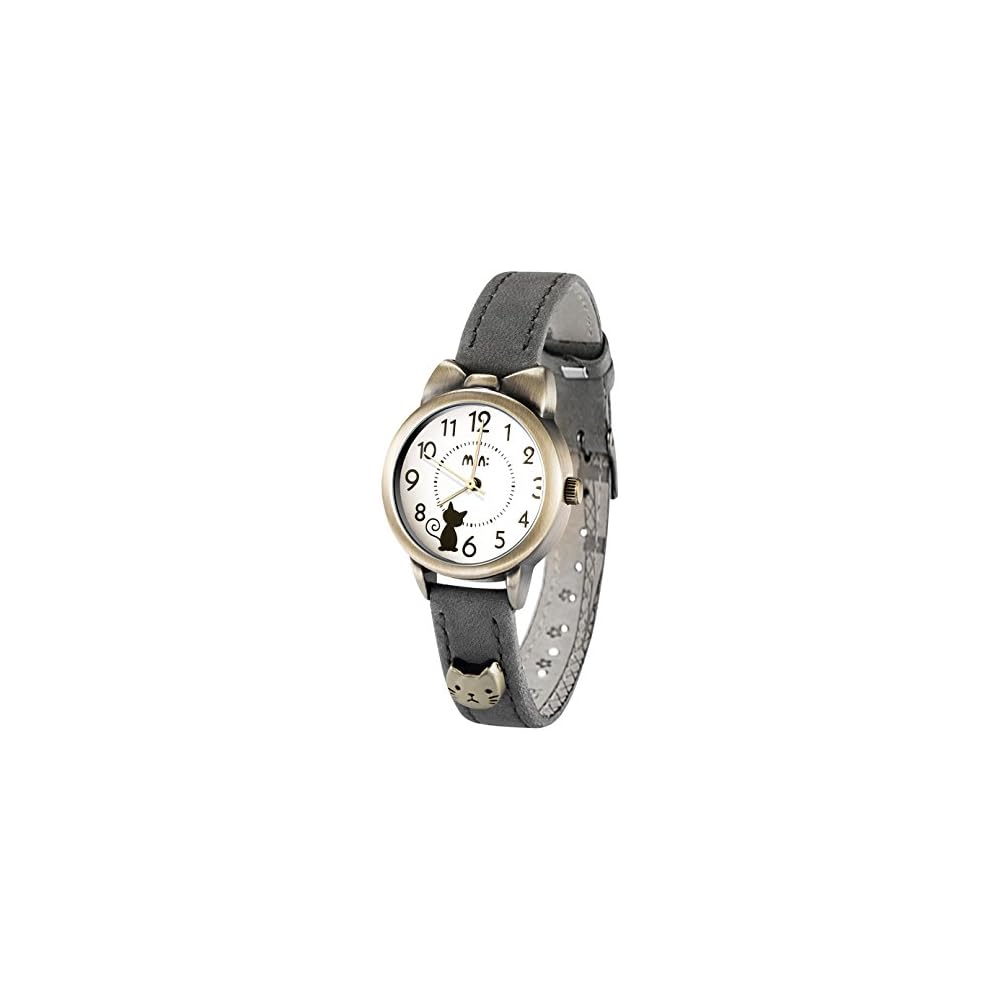 Cute Cat Girls Watch Gray Leather Strap Kids Student Timepiece