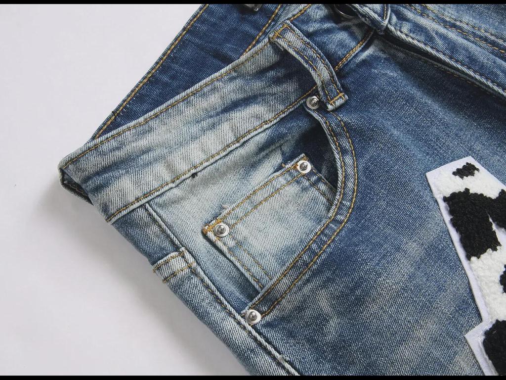 Blugi Skinny Stretch Brodați cu Insignă Albastră pentru Bărbați