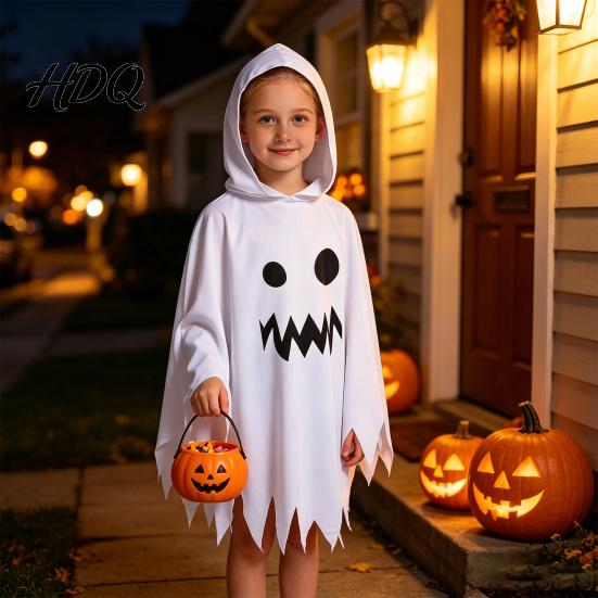 Halloween Ghost Cloak with Hood Loose Fit Irregular Hem Costume Parent Child Matching Outfits for Cosplay Party White Spooky Pullover Cape