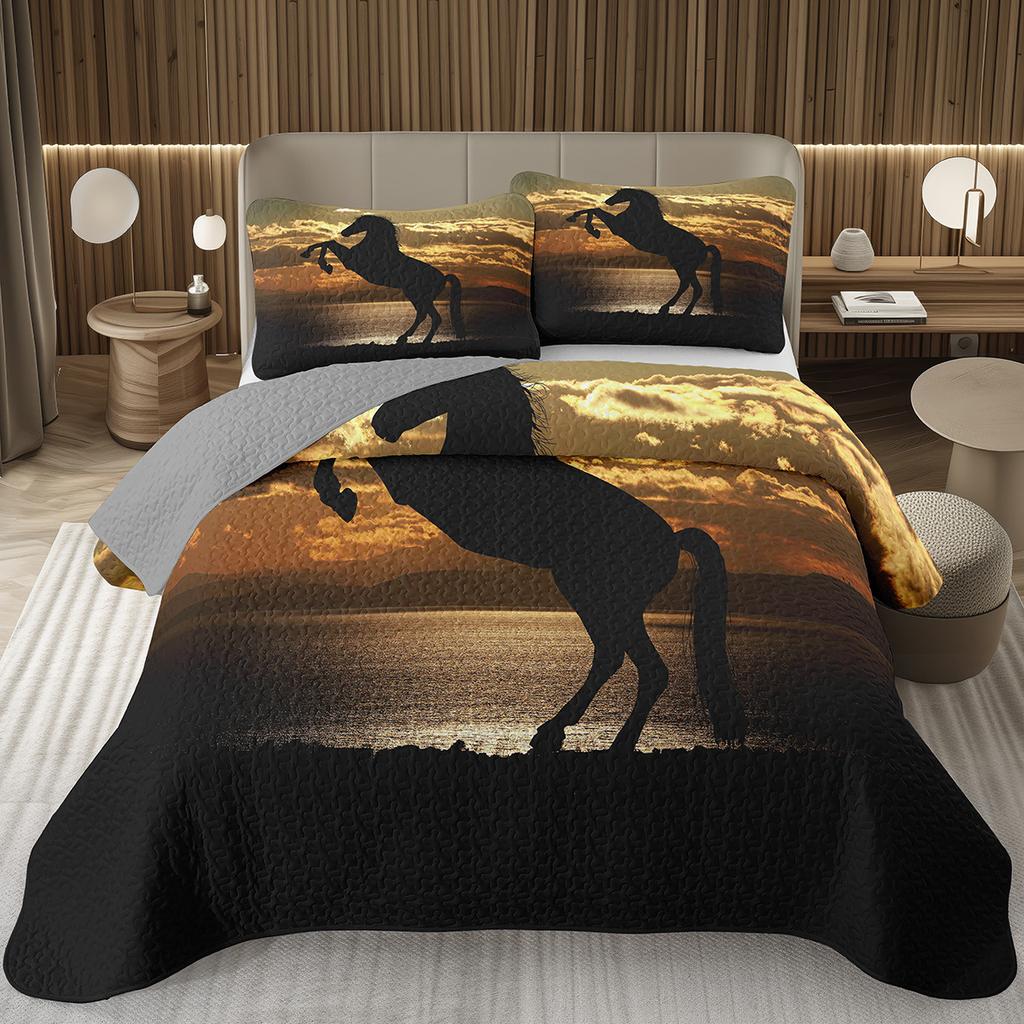 Running Wild Horses Print Quilted Bedspread Coverlet 2/3-Piece Rustic Bedding Set Reversible Lightweight Quilt Set Queen/Full