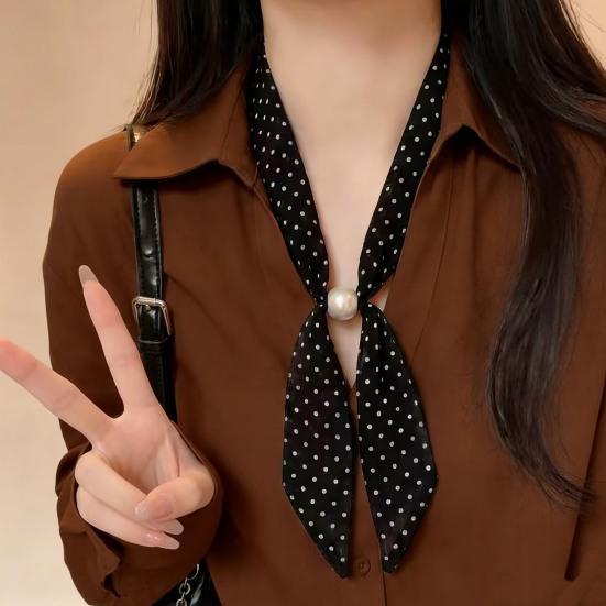 Women Scarf Imitation Pearl Buckle One-Piece Design Scarf Lightweight Chiffon Satin French Retro Black White Dot Neck Collar