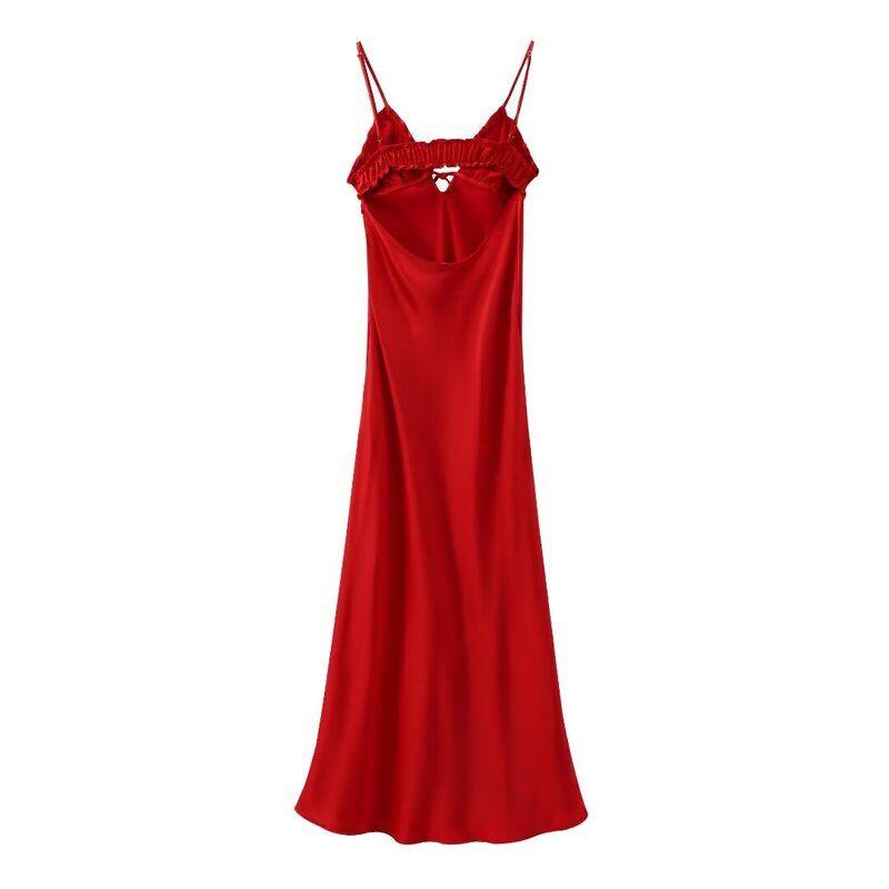 Fashion Style 2024 Summer Women's Laminated Decoration Silk Satin Texture Midi Skirt Sling Mid-Length Dress 3072/
