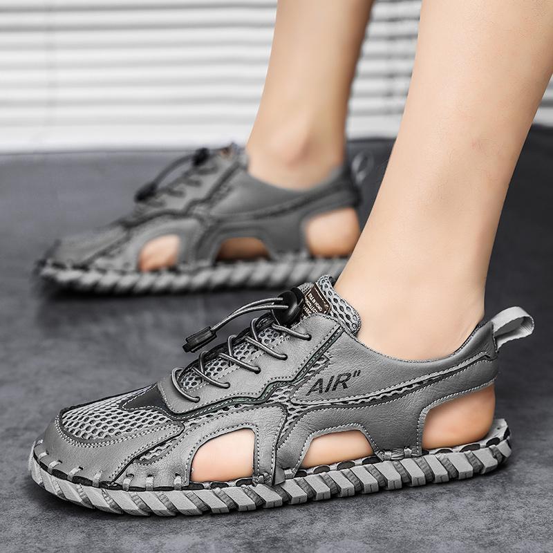 Fashion Handmade Sandals Mens Tide Summer New Style Toe Cap Outdoor Leisure Sports Hollow Sandals Beach Shoes Mesh Men Rubber Sole