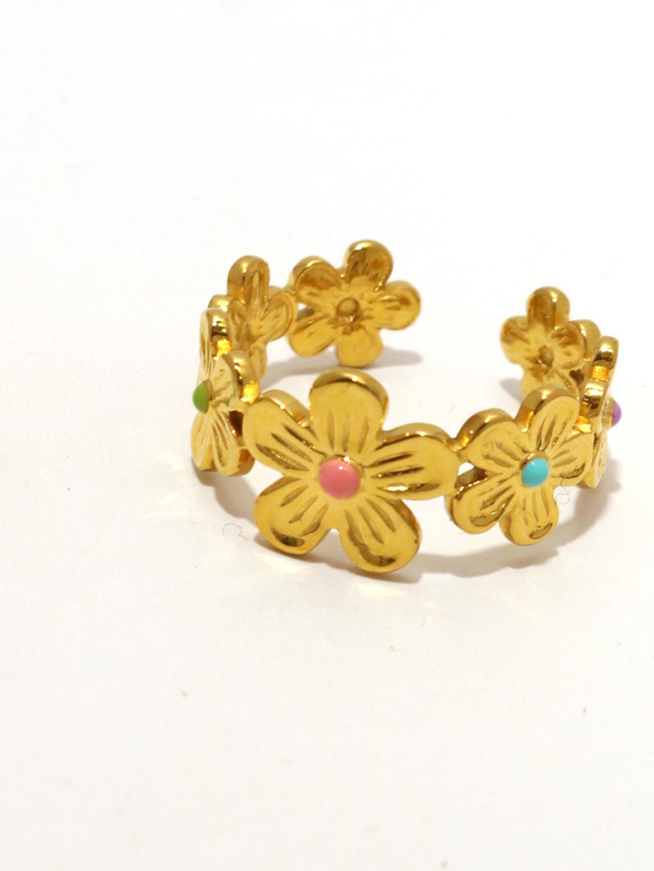

Exquisite Stainless Steel Flower Adjustable Opening Rings 18k Gold PVD Plated Waterproof Finger Zircon For Women Wedding Gift resizable
