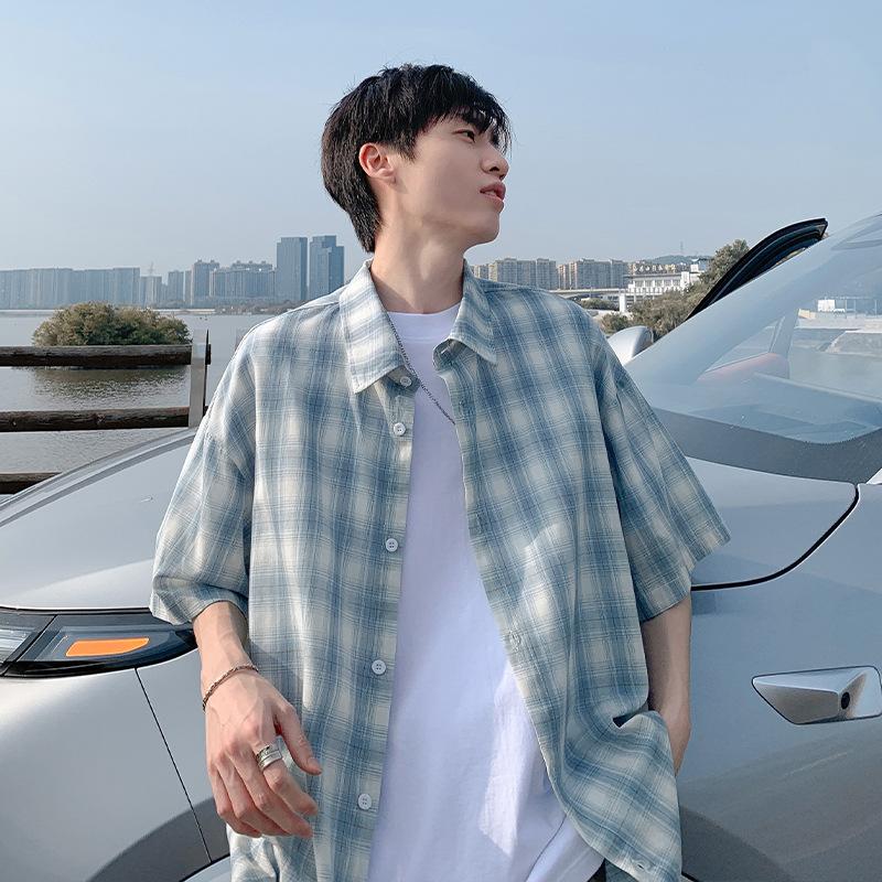 

Checkered Short Sleeved Shirt for Men s Summer Loose and Versatile Men s Casual Shirt XXXXXL синій