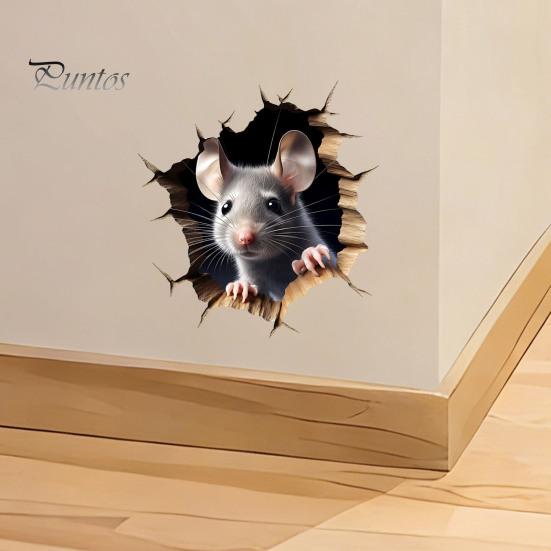 Wasserdichter PVC-Tieraufkleber Graue Maus Spähend Wandaufkleber, 3D-Loch-Effekt-Sticker, Abnehmbare Wandmalerei für Wohnzimmer Schlafzimmer Fenster Langlebig Außen
