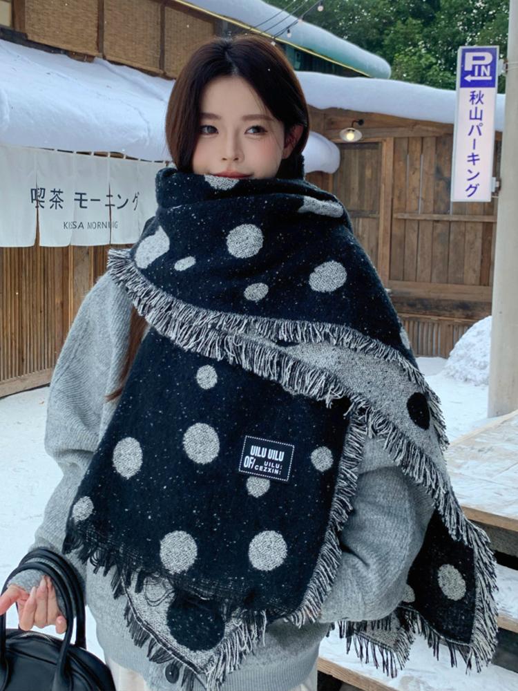 Retro Dot Print Fashion Winter Women Knitted Scarf Headscarf Casual Preppy Tassel Scarve Lady Mujer Thick Wrap Shawl Korean New