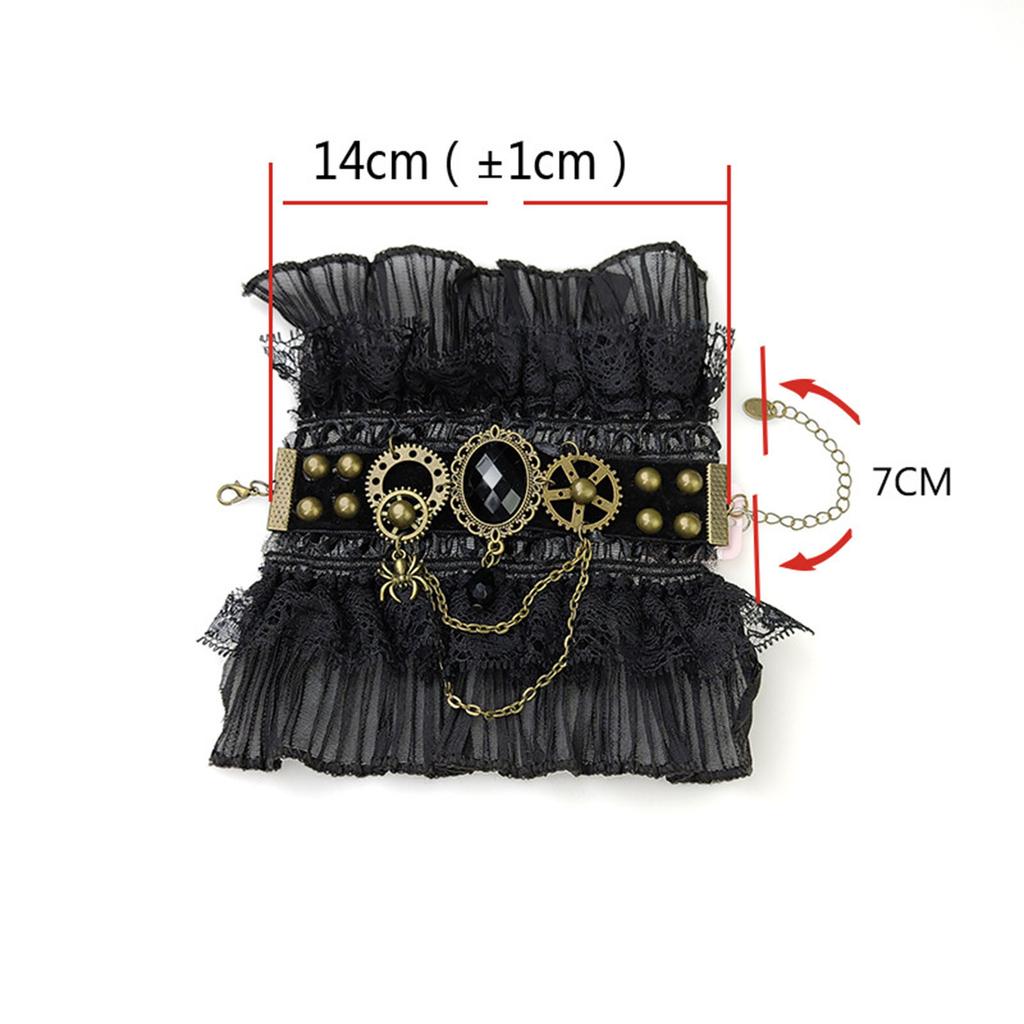 Gothic Steampunk Ruffled Lace Wrist Cuffs Fake Sleeve Crystals Gear Fingerless Gloves Halloween Arm Warmer Bracelet
