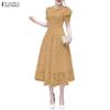 ZANZEA Women Round Neck Short Sleeve Lace Patchwork Long Dress