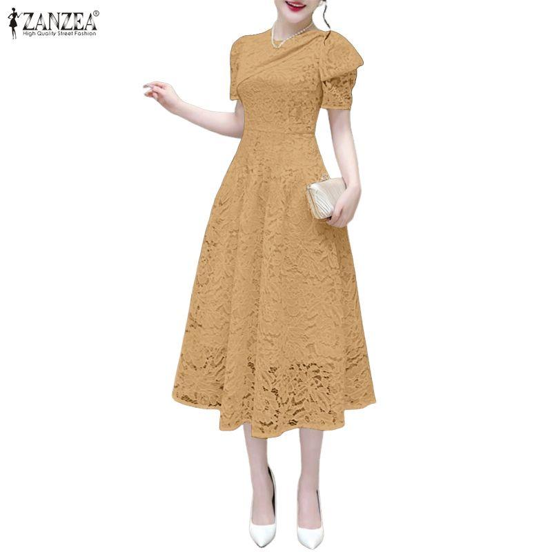 ZANZEA Women Round Neck Short Sleeve Lace Patchwork Long Dress