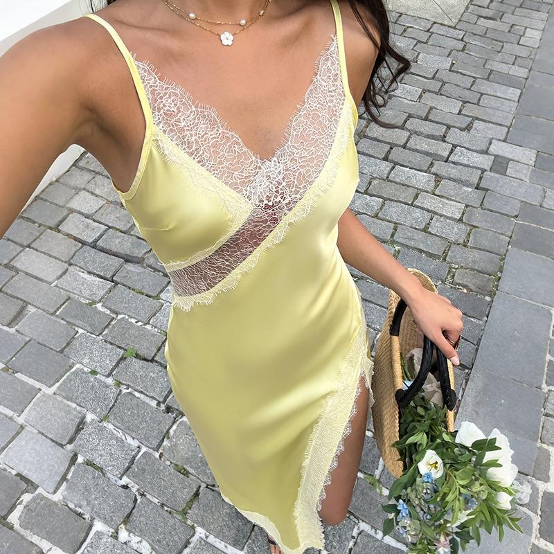 Damenmode, Sommer, Frühling, einfarbig, ärmellos, V-Ausschnitt, hohe Taille, Freizeitkleider