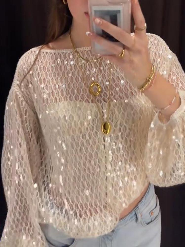 2025 Herbst Damen Casual Pailletten Mesh Top - Europäischer und Amerikanischer Stil