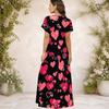 Women Plus Size V Neck Short Sleeve Printed Navy Blue Straight Long Maxi Dress