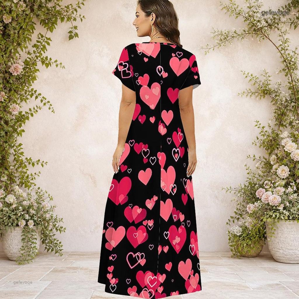 Women Plus Size V Neck Short Sleeve Printed Navy Blue Straight Long Maxi Dress