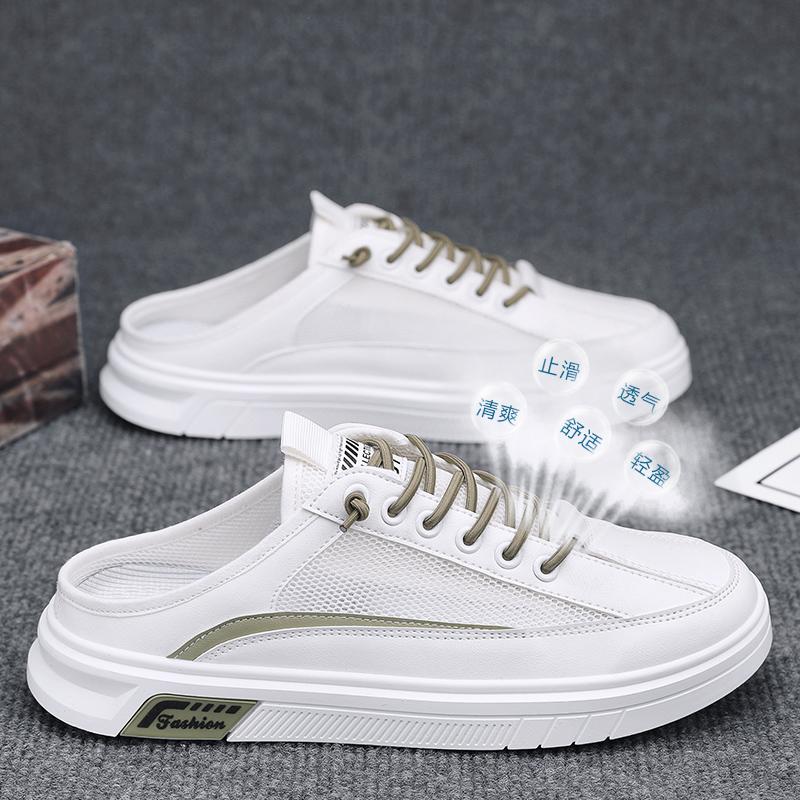 2025 Half Shoes For Men Mules Sandals Flat Summer Backless Loafers Slippers Man Slides Lace Up Mens Semi-Drag Casual Board Shoes