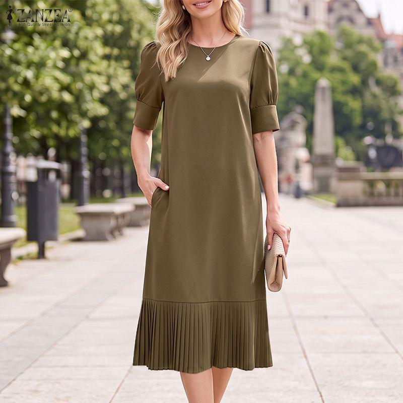 ZANZEA Women Casual Round Neck Solid Color Half Sleeve Dress