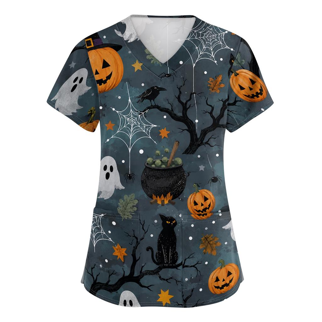 Women V Neck Short Sleeve Printed Scrub Top with Pockets and Side Slits for Work Uniforms Holiday Theme