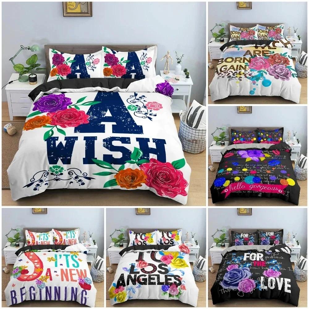 Beautiful Flowers Love Duvet Cover Set For Bedroom Decor Luxury Bedding Set English Letters Background King Bedclothes 3Pcs