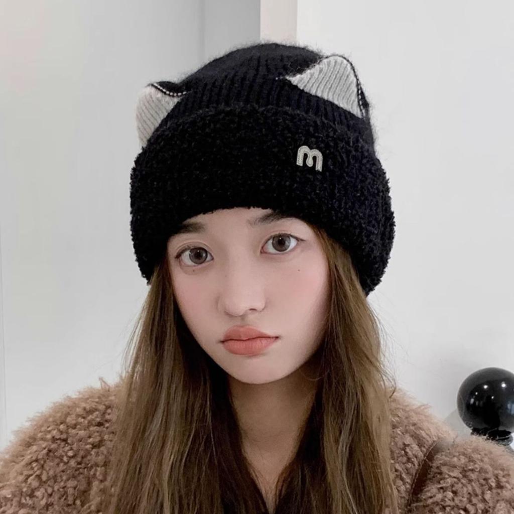 Winter Hat Female Cat Ears Pullover Hat Fleece Knitted Hat Warm Ear Protector Cold Hat