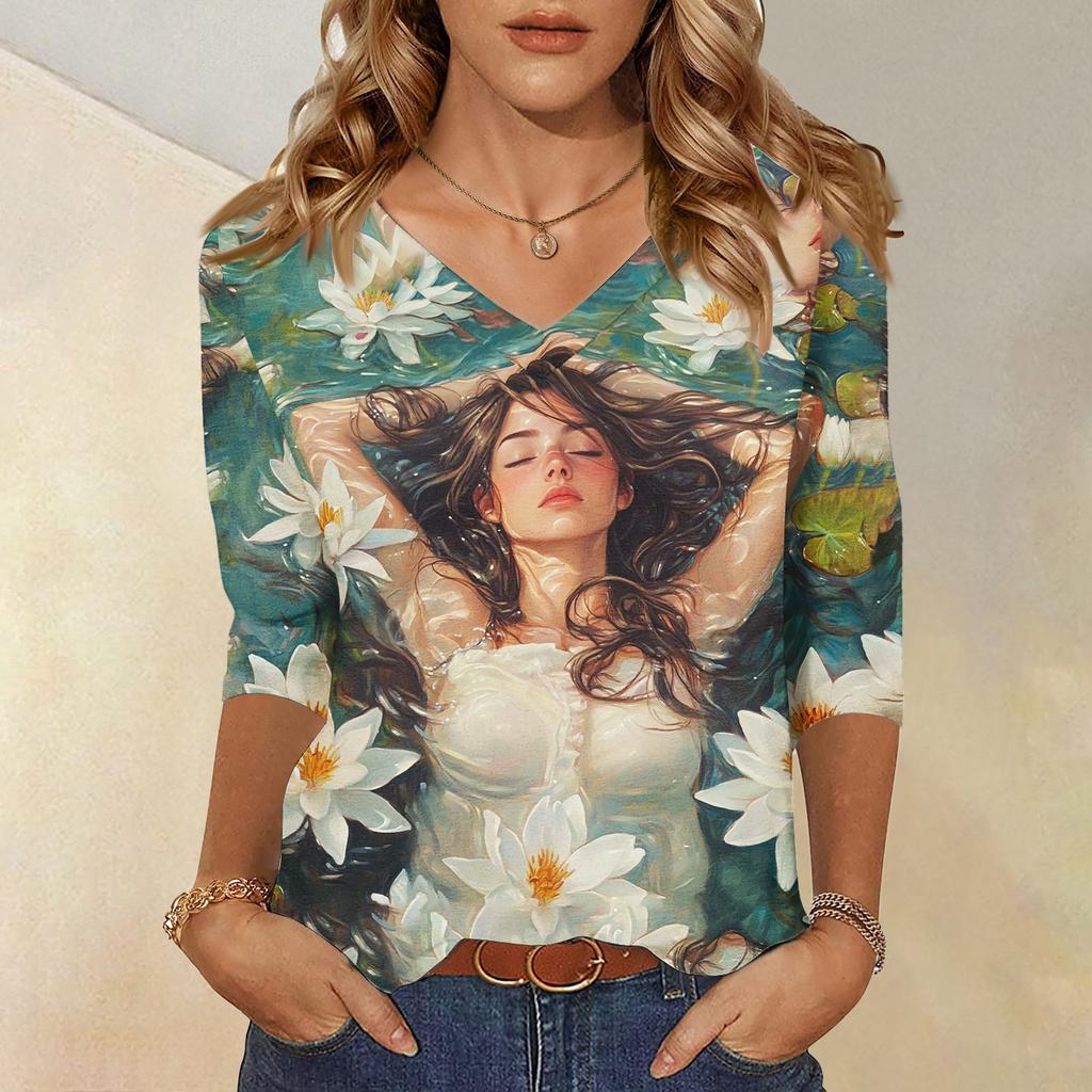 Women's Tops Three-quarter Sleeve Shirt V-neck Loose Casual Shirt Character Printed T-shirt