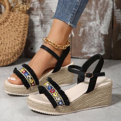 Foreign Trade Large Size Wedge Sandals Juvenile 2024 Spring and Autumn New Fish Mouth Hemp Rope Bottom One-word Buckle Sandals Women