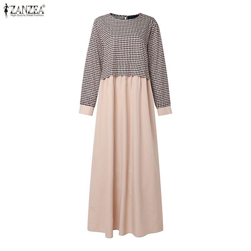 ZANZEA Women Casual Round Neck Loose Long Sleeve Print Dress Muslim