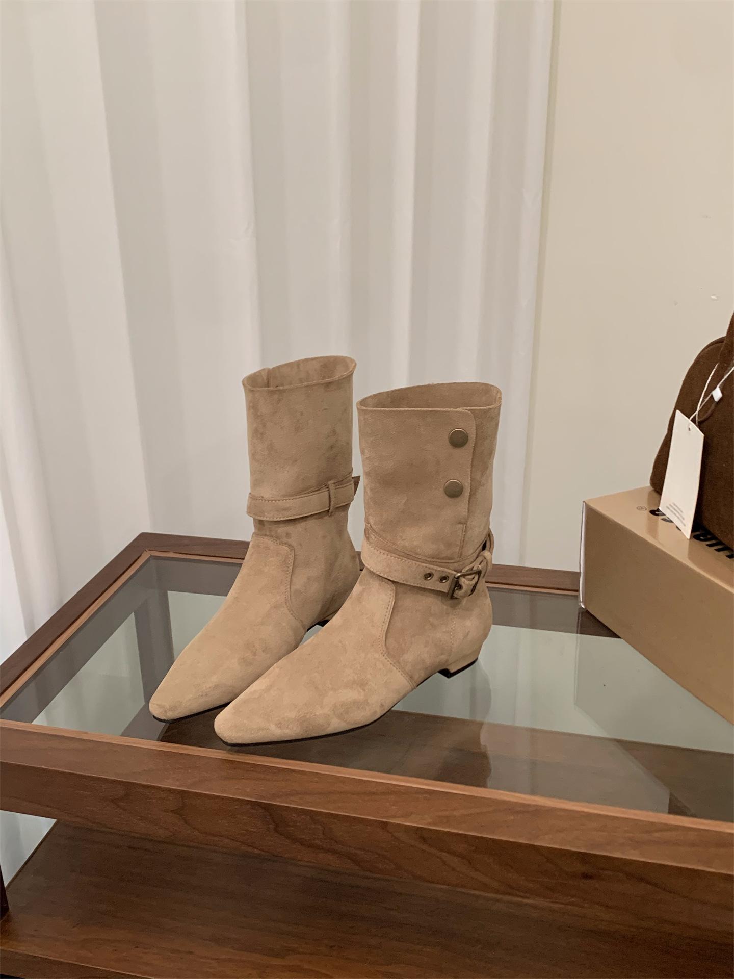 

Замшевые полусапоги на толстом каблуке Женские сапоги 2025 Осень и зима Ретро Западные ковбойские сапоги с юбкой Узкие сапоги Короткие сапоги 40