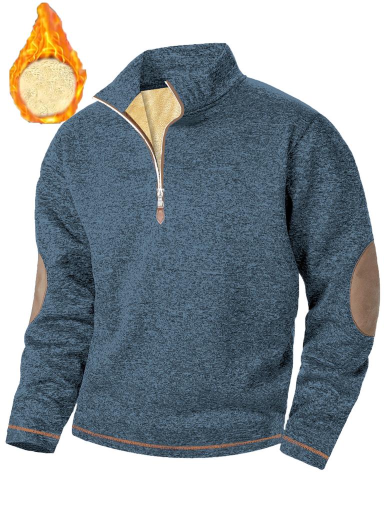Autumn New Men's Casual Quarter Zip Fleece Lined Sweatshirt with Elbow Patches Solid Color Warm Sportswear Male Fashion Outerwear