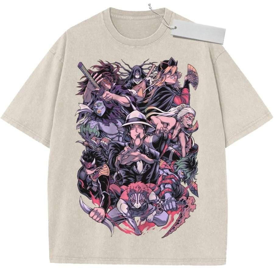 

Summer Mens Black Washed T Shirt Demon Slayer Nine Hashira Group Pose High Quality Fabric for Casual Shopping M