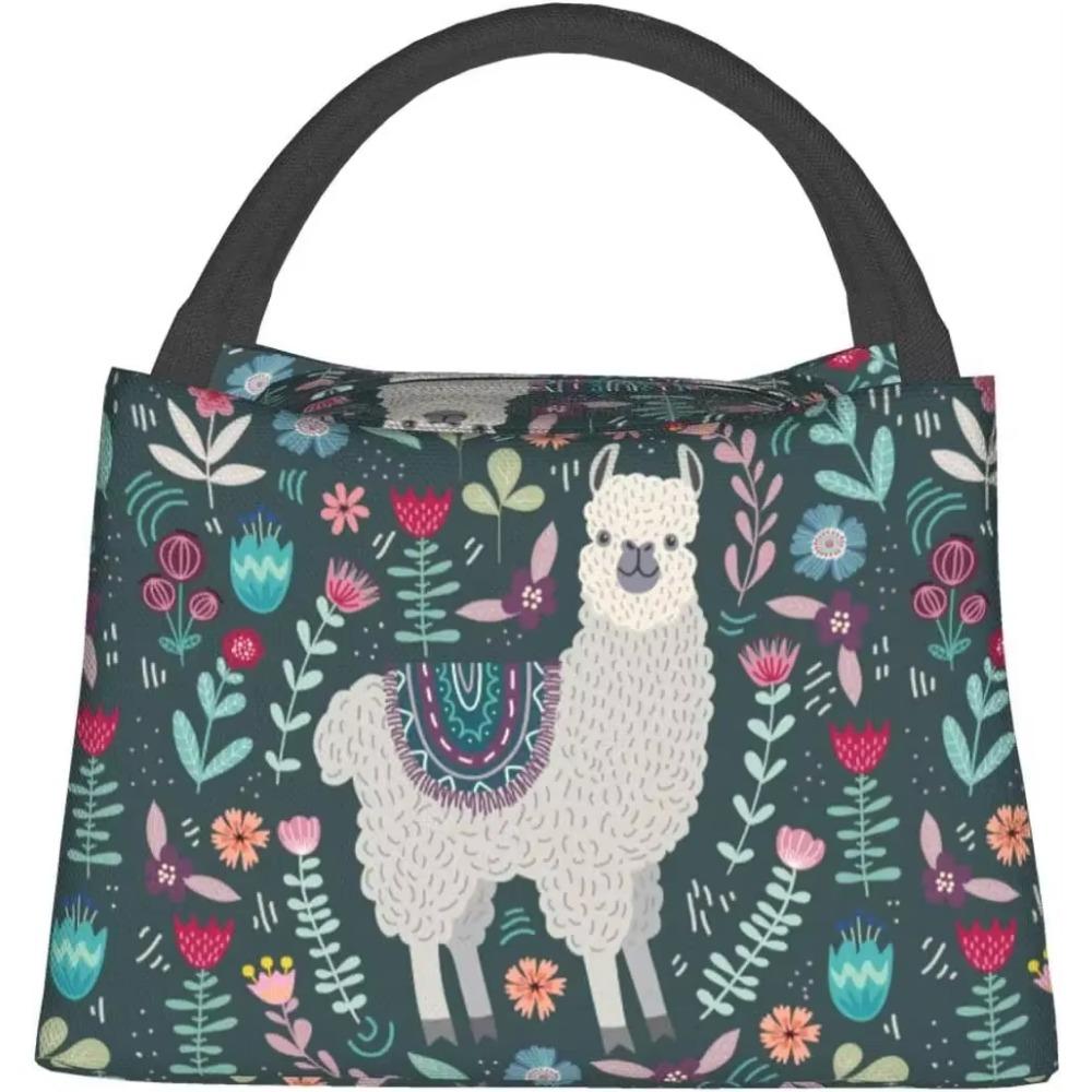 Cute Llama with Floral Thermal Lunch Bag Insulated Lunch Box Meal Prep Cooler Tote for Picnic Camping Work Travel