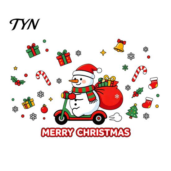 Indoor Outdoor Holiday Decor Cute Snowman Scooter Christmas Static Window Cling, Cartoon Merry Glass Removable Seasonal Decals Decal,