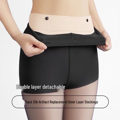 Leggings Negros de Seda con Forro de Forro Polar de Doble Capa para Mujer con Medias Color Piel Desmontables con Botón