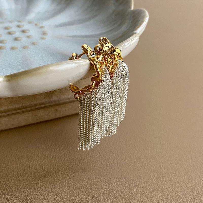 Fold Metal Chain Tassel Dangle Earrings For Women C Shape Luxury Elegent Earrings Vintage Jewelry Gifts