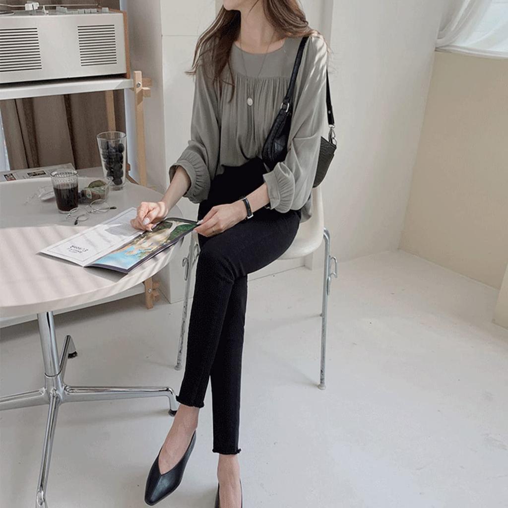 [SYitong] Flowy Chiffon Long-Sleeve Shirt Top for Women, Lightweight, Korean Style, Cute, Spring/Autumn, Square Neck, Office, Commuting, School, Casua