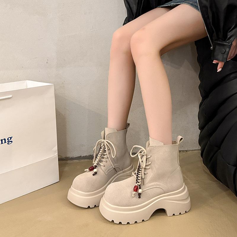 

Soft leather Martin boots women s shoes new matte leather thick-soled muffin round head lace-up casual short boots locomotive boots 35 серый