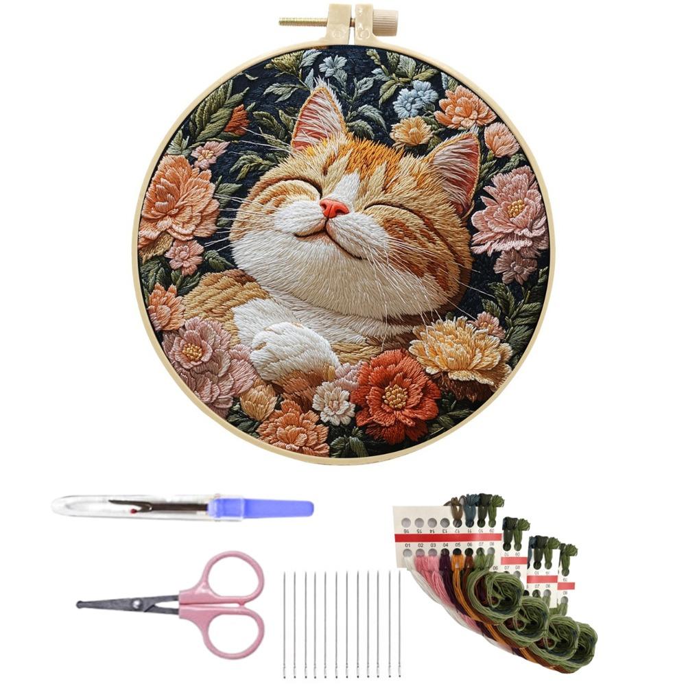 1 Set Cat Embroidery Kit Embroidery Frame with Patterns Fabric Material Package Scissors Seam Remover DIY Craft Kits Decoration