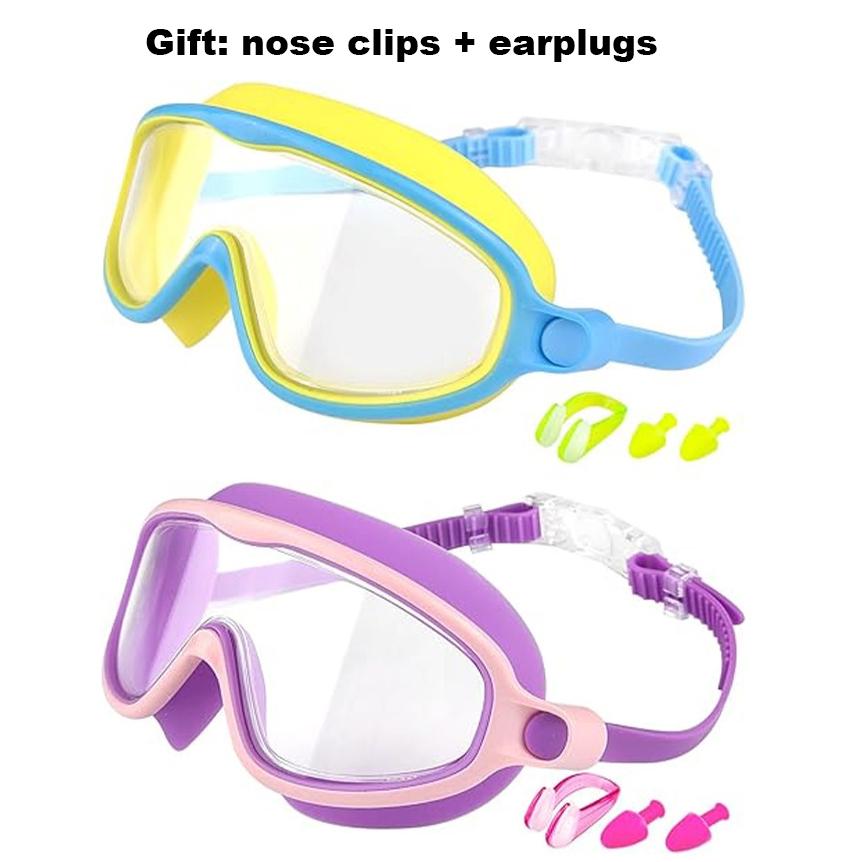2 Pack Anti-Fog Anti-UV Swimming Goggles HD Diving Goggles with Earplugs Anti Choking Women Men Large Frame Silicone Swim Ggles