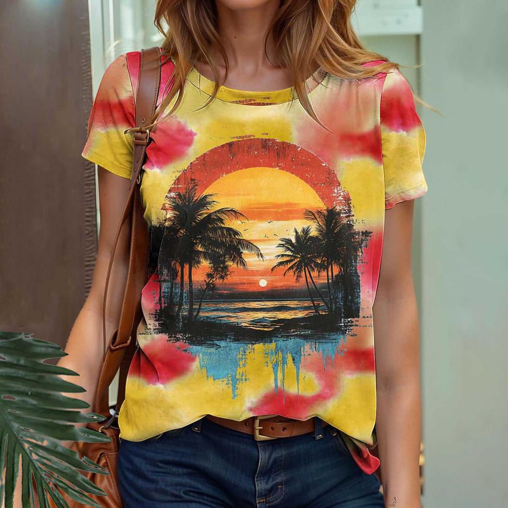 Summer Fruit Coconut Tree Gradient 3D Print Beach T-Shirts Short Sleeve O-Neck Women's T-shirts