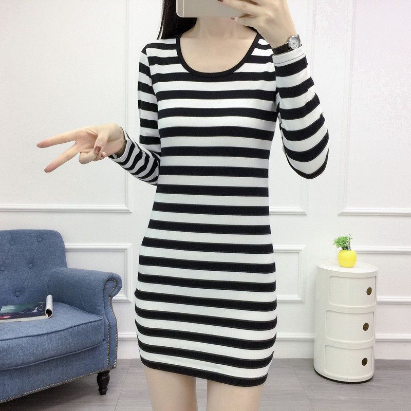 

2023 Spring New Korean Style Women s Mid-Length Long-Sleeve T-Shirt, Bodycon Base Shirt, Striped Outerwear Top Black 2-2 Stripes L