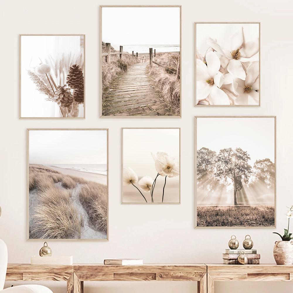 Nature Scenery Poster Canvas Painting Prints Reed Beach Pine Bird Magnolia Flower Nordic Wall Art Decoration Home Wall Art Decor