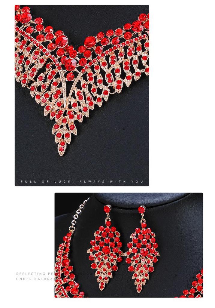 Alloy Clavicle Chain Crystal Gem Necklace & Earring Set - European & American Retro Evening Party Accessories