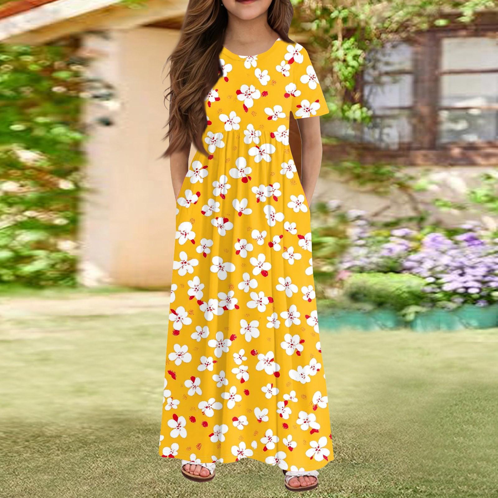 

Длинное летнее платье для девочек - платье макси с короткими рукавами и карманами для детей 4-14 лет 130 жёлтый